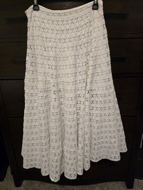 LoveShackFancy Cream Crochet Lace A-Line Midi Flare Skirt